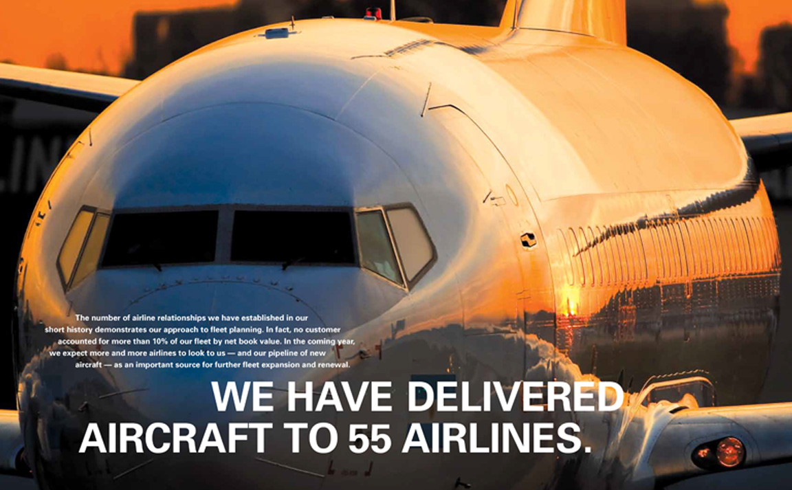 Close-up of airplane for interior spread of corporate report for Air Lease.