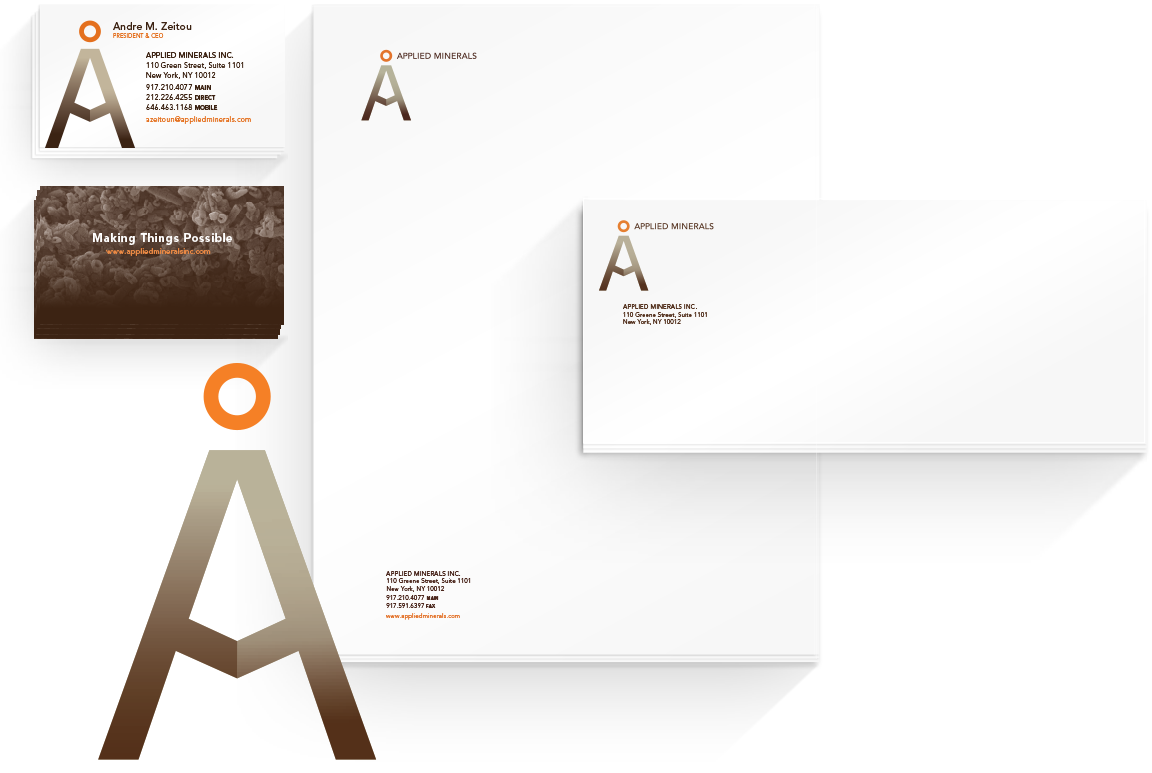 Branding applied to the business papers for the technology company Applied Minerals.