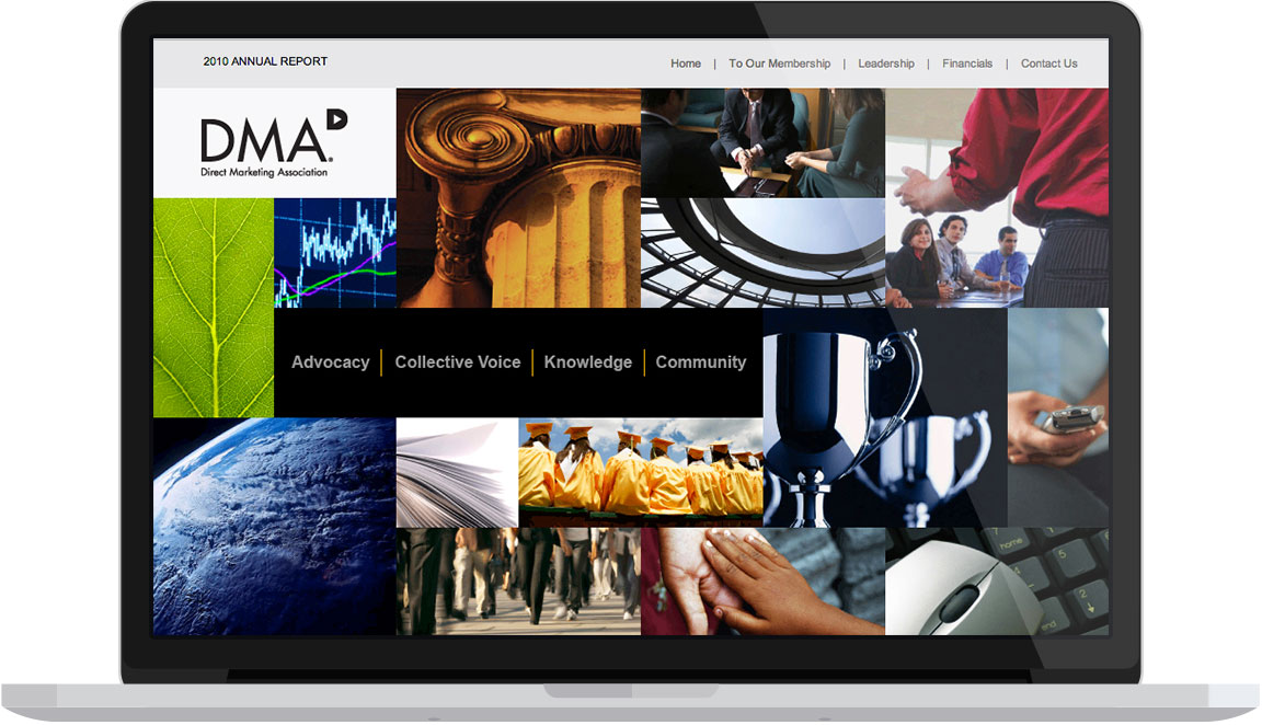 Homepage design of the annual report for the nonprofit DMA seen on a laptop.