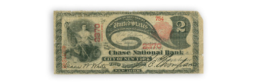 The $2 National Bank Note from JPMorgan’s History of Currency historical exhibit design.