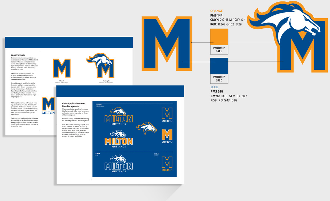 Sample pages and school colors form the branding guidelines for the Milton Mustang sports’ teams.