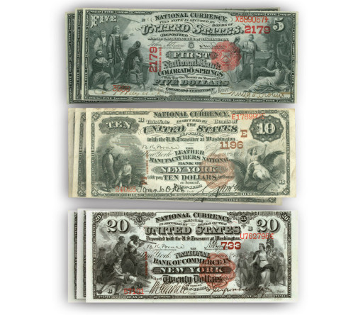 Early bank notes from JPMorgan’s History of Currency historical exhibit design.