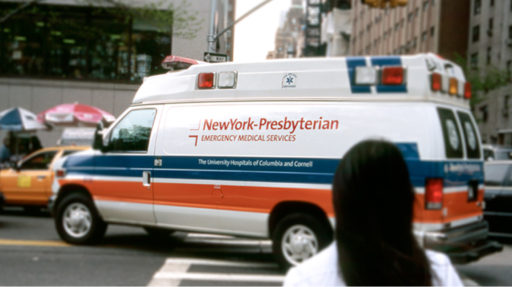 New York-Presbyterian branding on an ambulance.