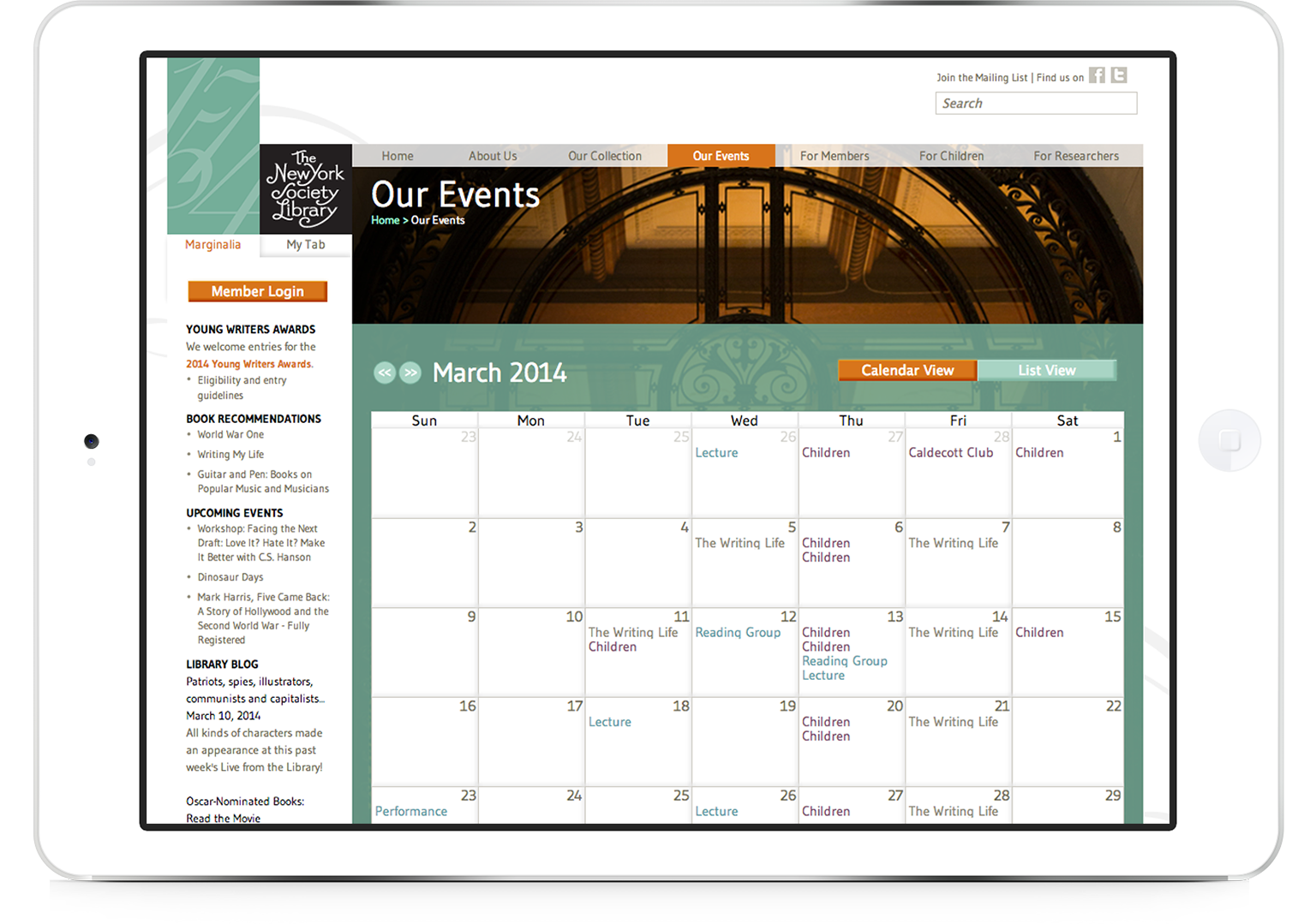Library branding and website design for The New York Society Library events page viewed on a tablet