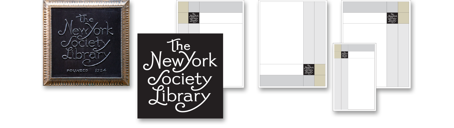 Logo design and graphic system created for the library branding of The New York Society Library