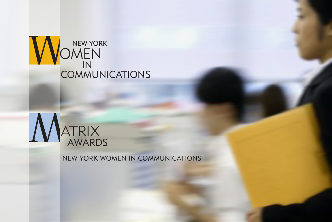 The branding for the nonprofit New York Women In Communications and its Matrix Awards showing the relationship of the two organizations applied to an image of a woman walking.