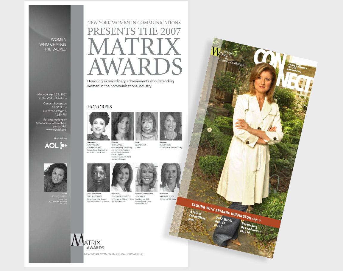 Branding for the nonprofit New York Women In Communications and its Matrix Awards applied to their newsletter “Connect” and in an ad featured in the New York Times.