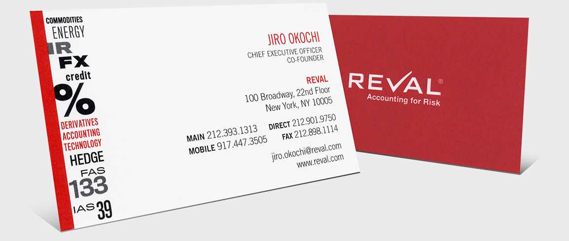 Reval branding and design applied to business cards.