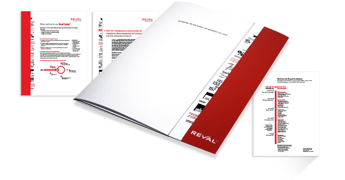 Image of Reval branding and design applied to a marketing pocket folder and product sheets.