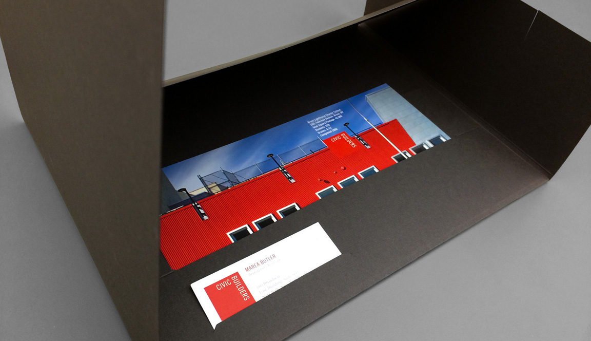 Marketing materials – pocket folder, charter school inserts, and business card – that are part of the visual identity and design for Civic Builders.