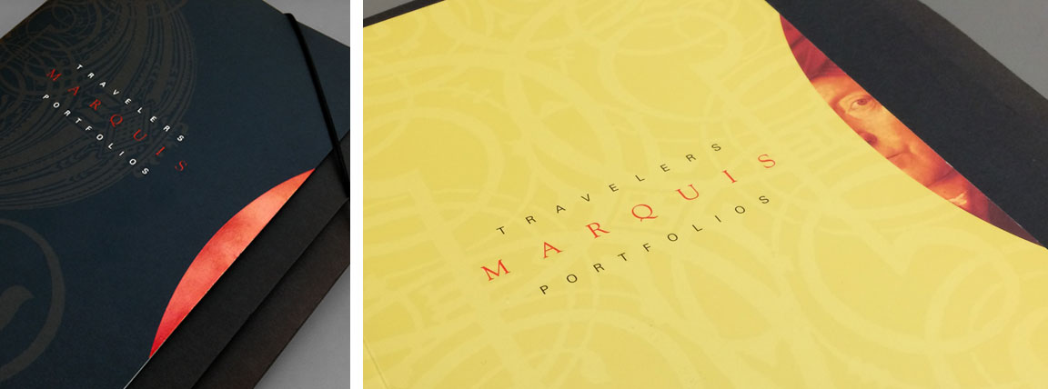 Folder and brochure showing the application of the branding to the Marquis Portfolios financial product.