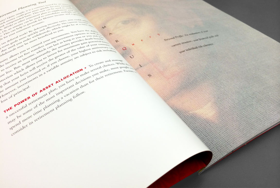 Interior spread of the Marquis Portfolios financial product brochure.