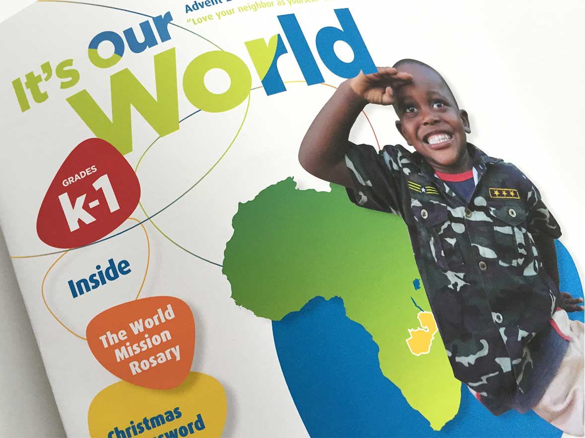 Cover design for the newsletter “It’s Our World” of the nonprofit organization Missionary Childhood Association.