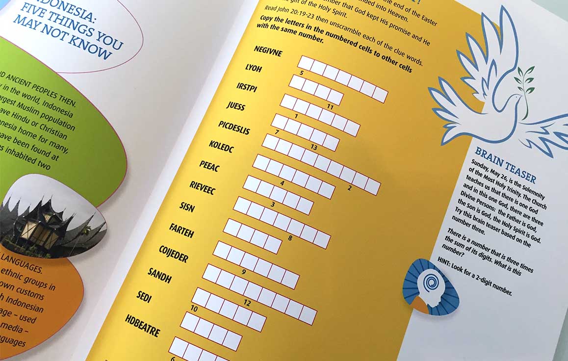 Page detail for the newsletter design of the nonprofit organization Missionary Childhood Association showing a word puzzle.