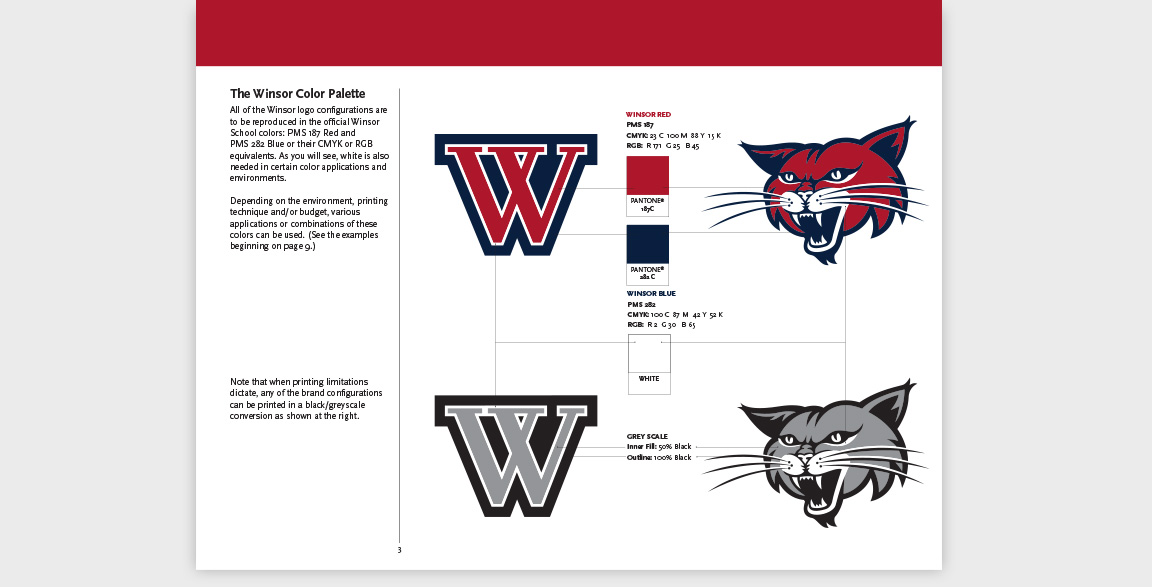 Sports branding guidelines for the application of the Winsor School’s Wildcat mascot and wordmarks
