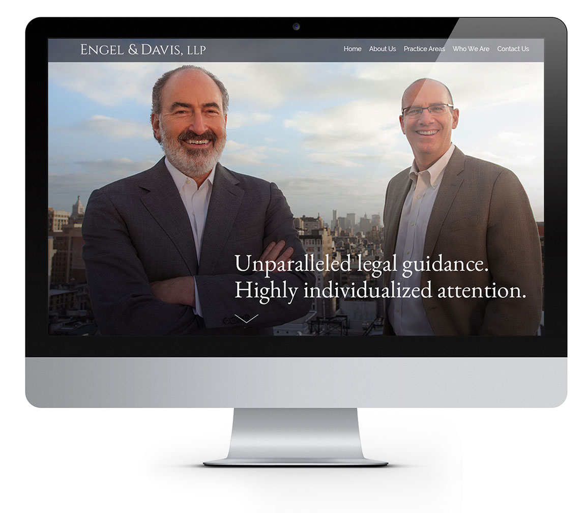 Main page imagery of the website design for attorneys Engel & Davis, LLC viewed on an iMac.