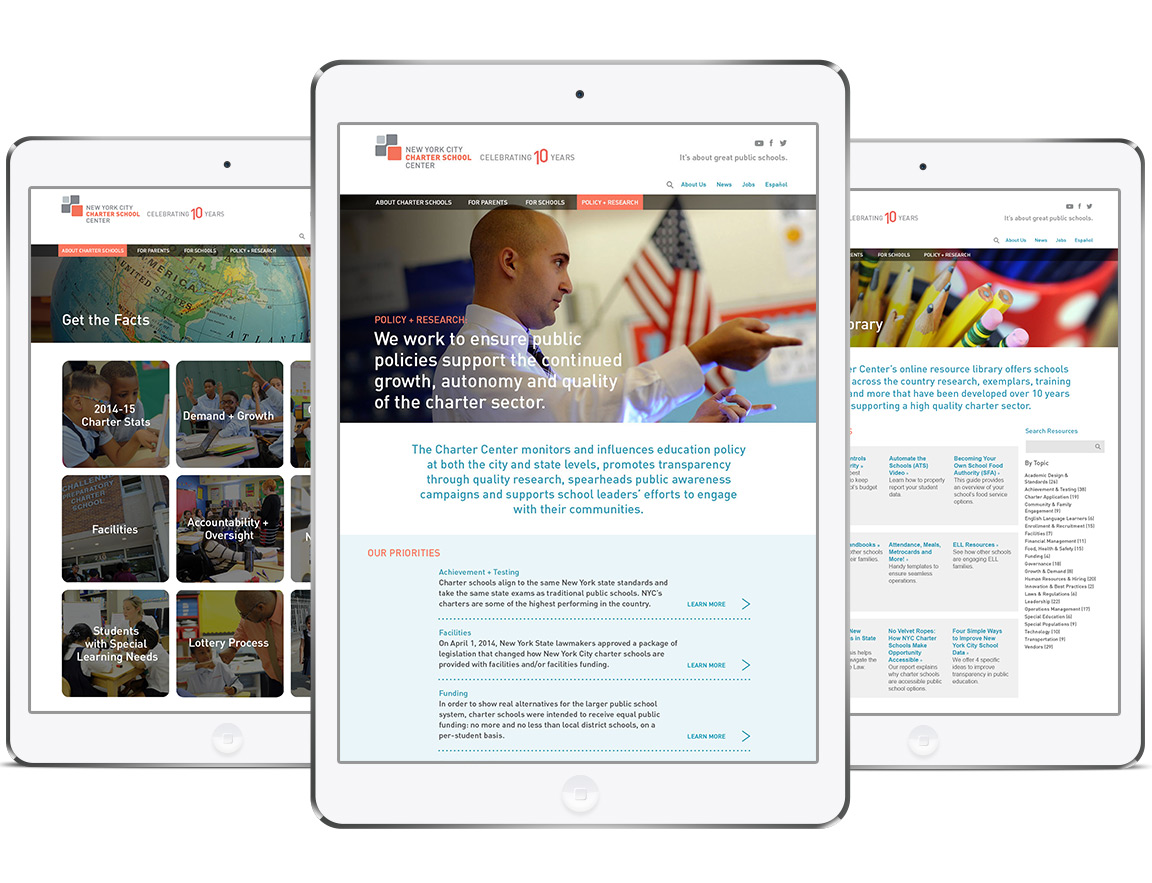 Various pages, as viewed on tablet, for the website design of the nonprofit NY City Charter School Center.