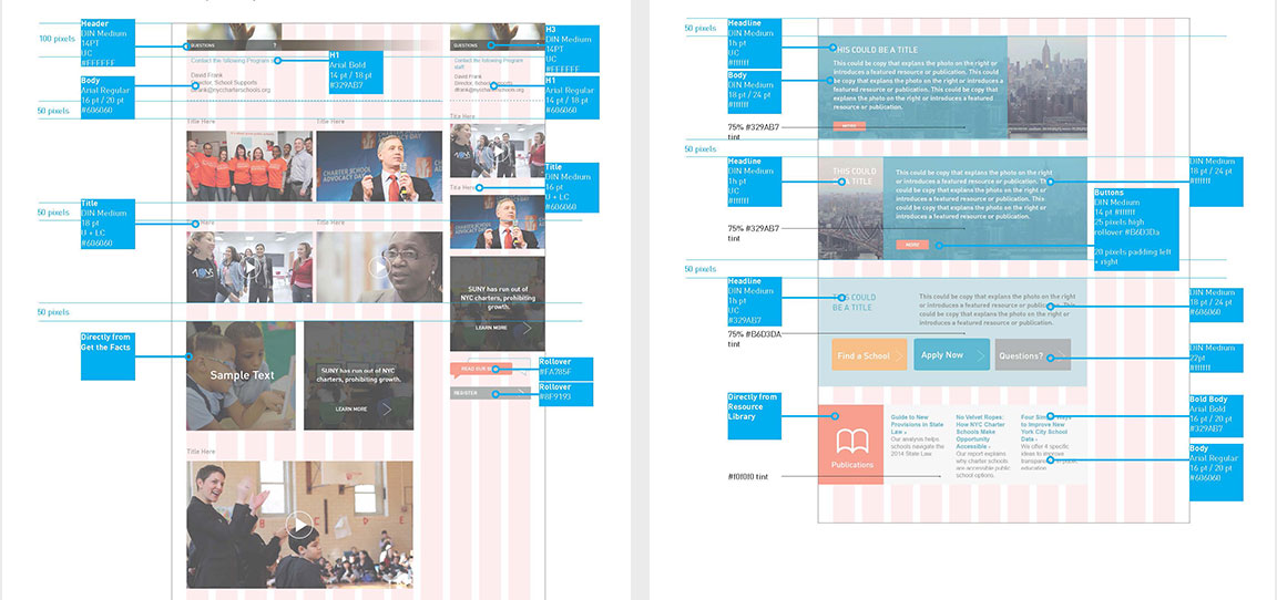 Templates created for the website design of the nonprofit NY City Charter School Center.