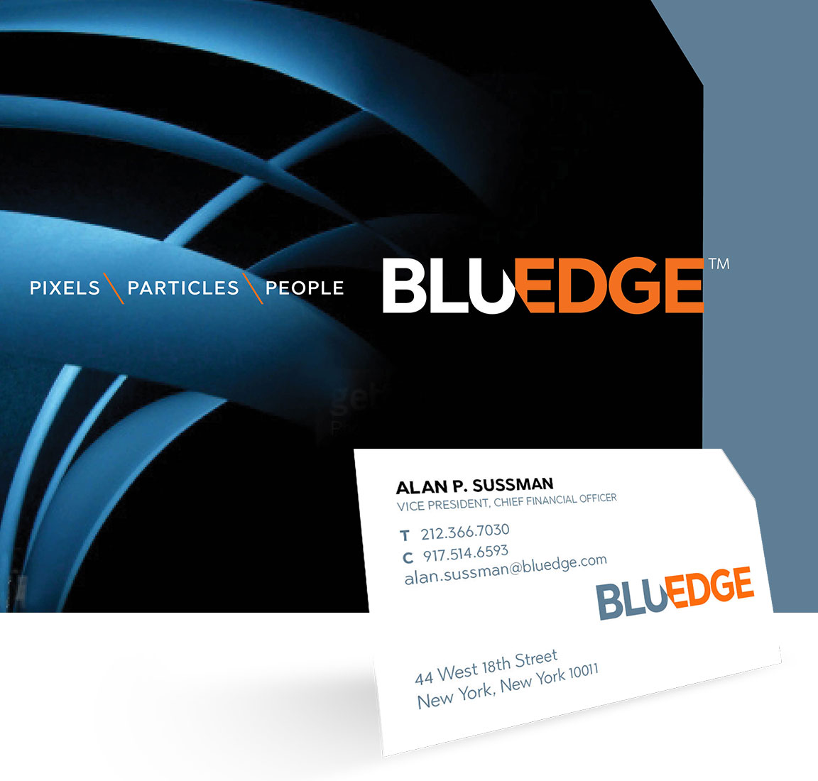 BluEdge company rebranding applied to a business card and PowerPoint cover page