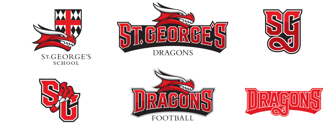 Atheltic branding logo variations for St. George's School Dragon mascot