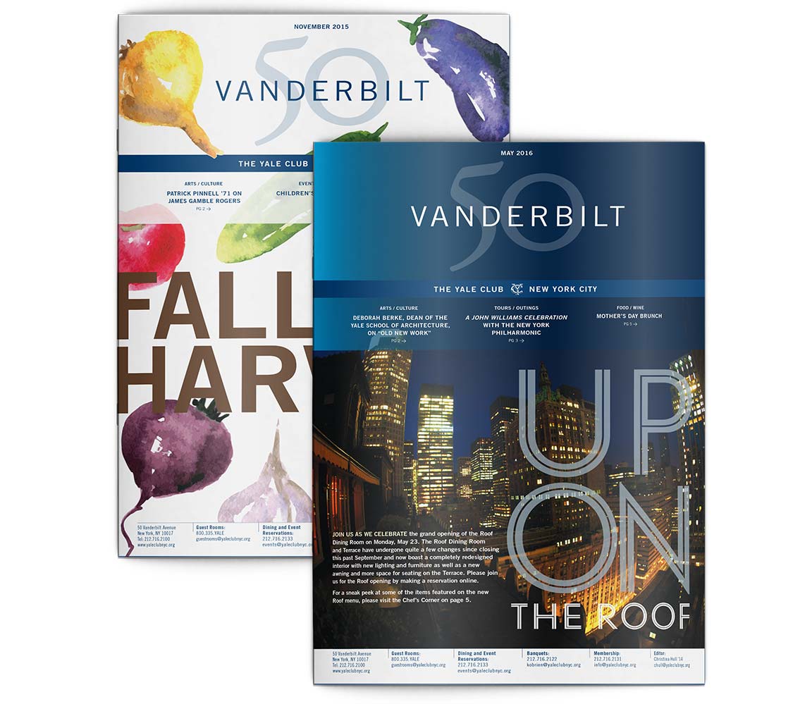 50 Vanderbilt newsletter cover designs incorporating the graphic system elements to unify the private club marketing communications.