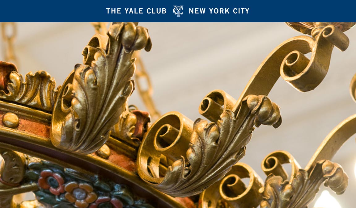 Graphic system elements – a blue bar with The Yale Club logo and image style – created to unify the private club marketing communications.