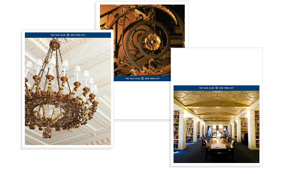 Examples of the underlying design grid that govern page layouts for the private club marketing communications of The Yale Club.