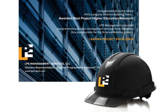 Application of the logo to an ad and hard hat created as part of the of the new brand for LPE Management Services.