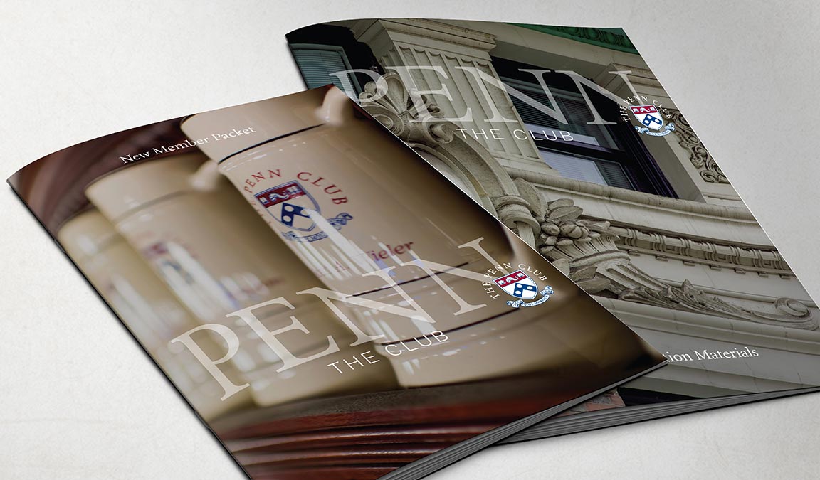 The Penn Club new brand identifier applied to the covers of membership marketing brochures as part of the member club branding system.