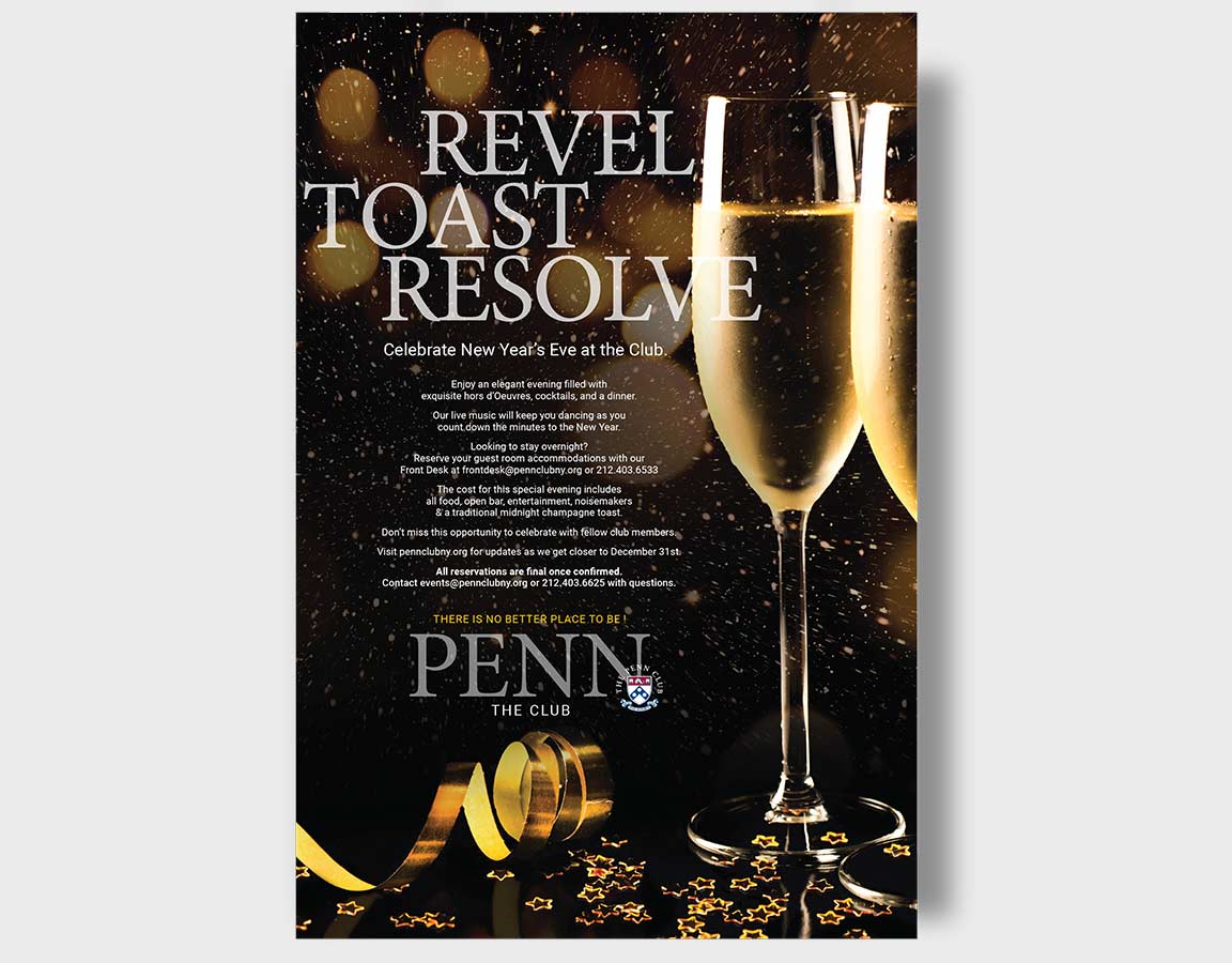 The Penn Club holiday poster showing application of the member club branding system.