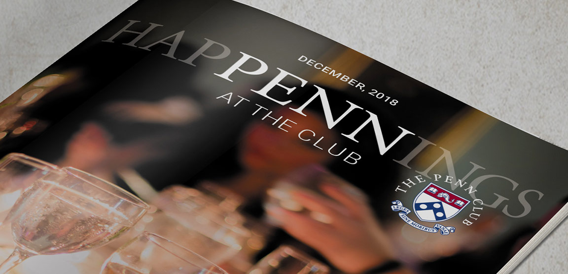 The Penn Club new brand identifier applied to the newsletter as part of the member club branding system.