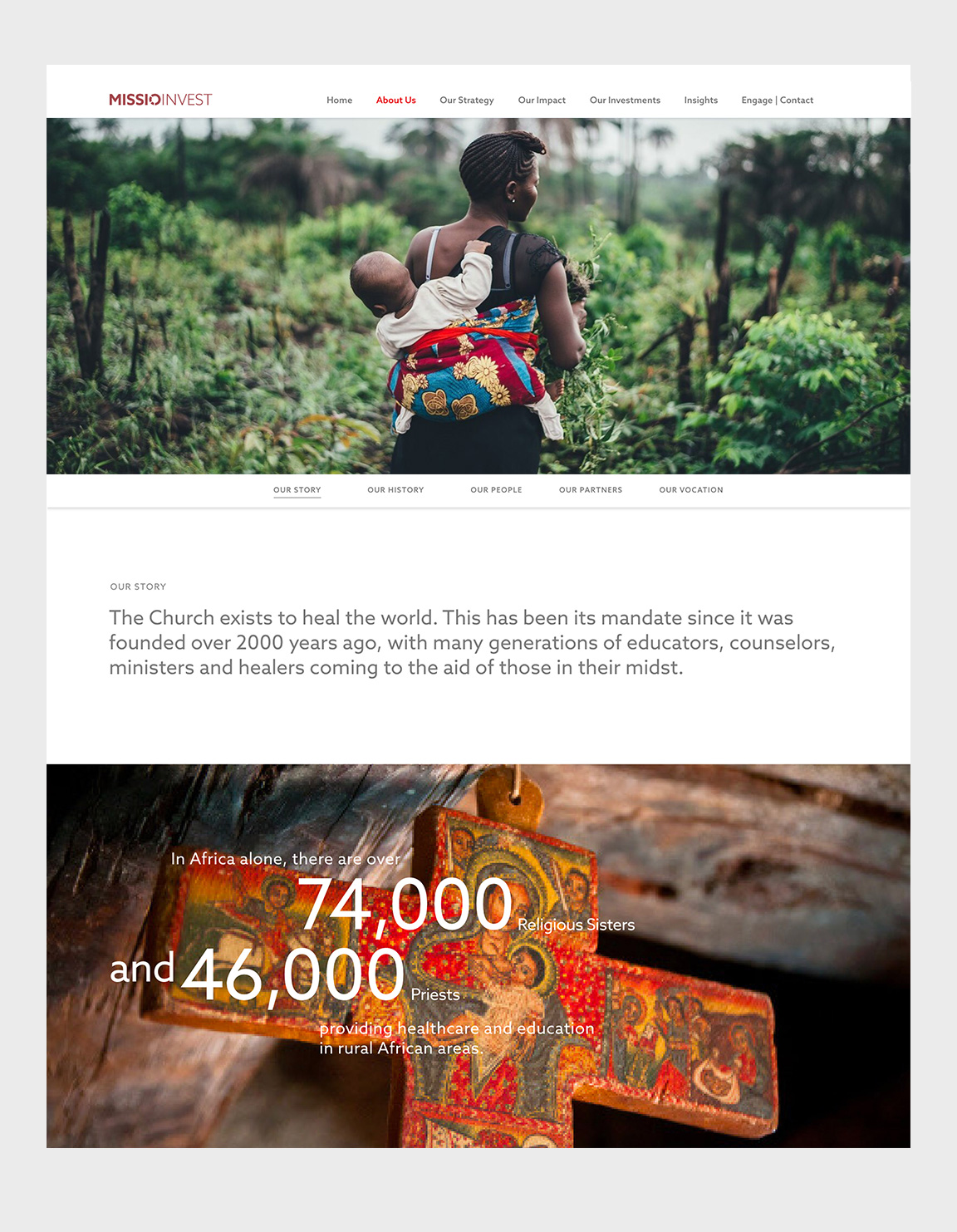 Missio Invest website showing a section of the About Us page with the feature image for that section and a sample of a statistical callout on an image of a cross.