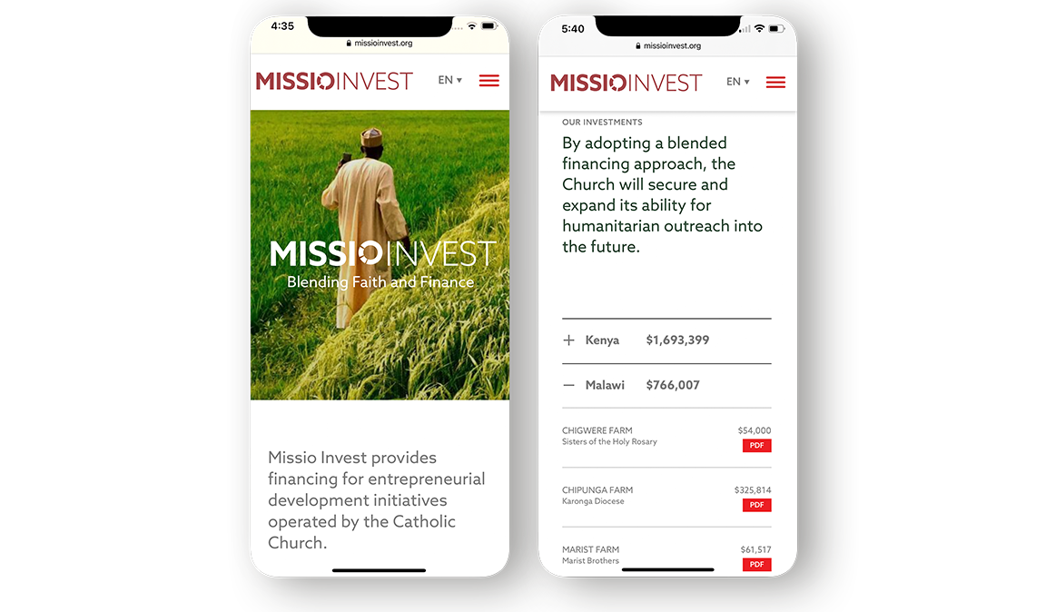 Sample pages of the Missio Invest website design on an iPhone.