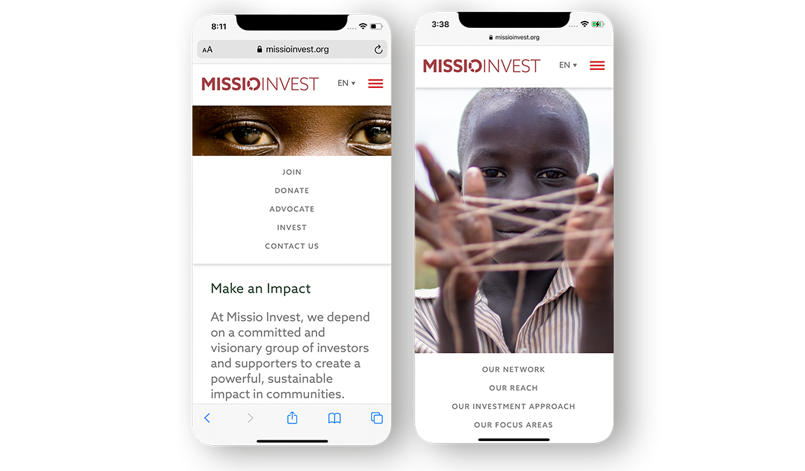 Missio Invest website pages of the Our Strategy and Contact pages on an iPhone.