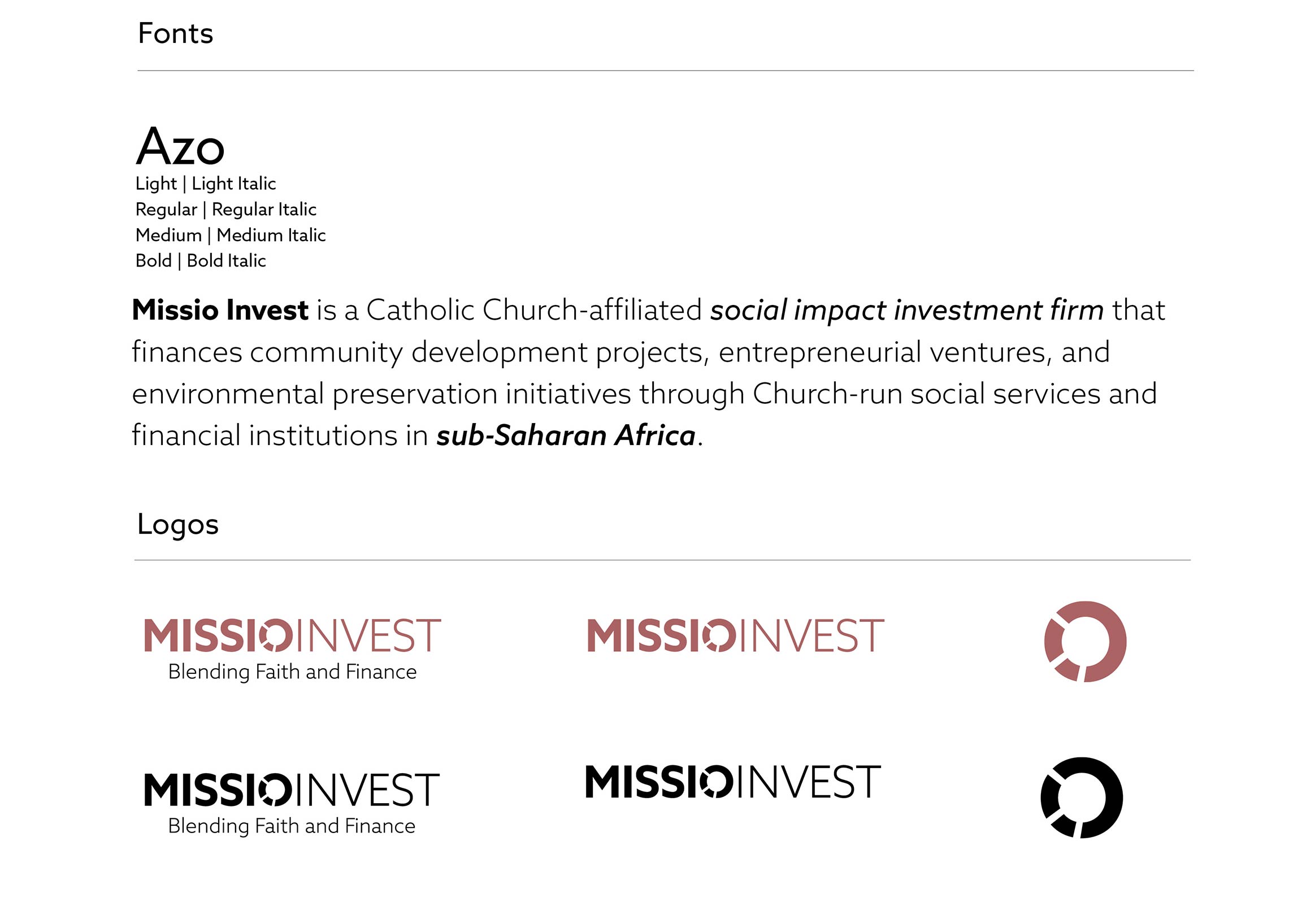 Font and logo usage outlined in Missio Invest brand guidelines.