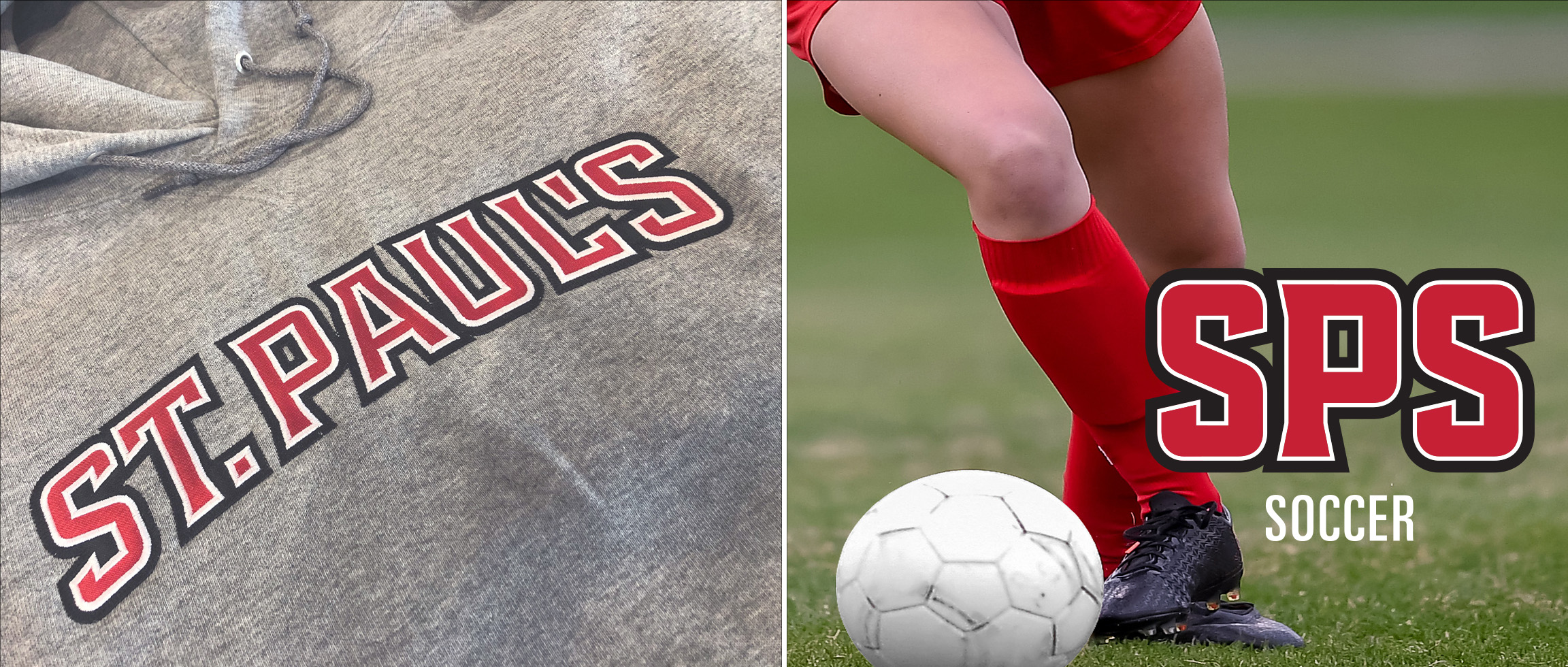 St. Paul's Athletics wordmark identity applied to a sweatshirt and wordmark identity for soccer