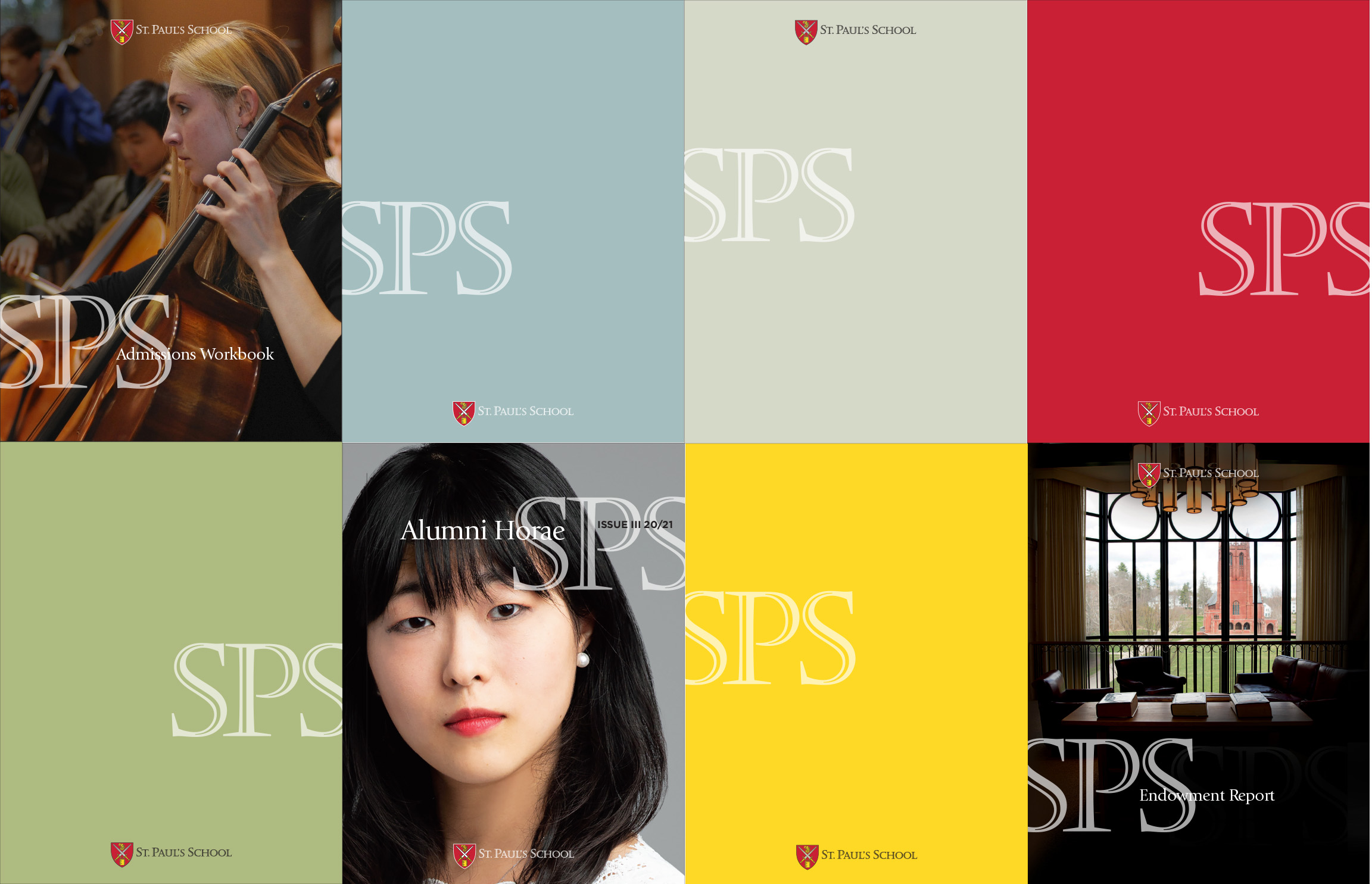 Various applications of the SPS St. Paul's School graphic on marketing materials